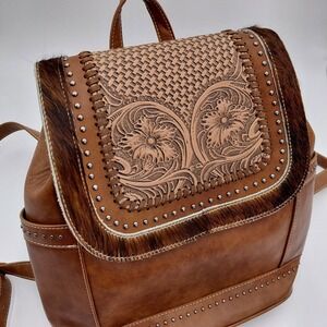 Trinity‎ Ranch Backpack Purse Bag Brown Western Tooled Leather Hyde Hair Rodeo